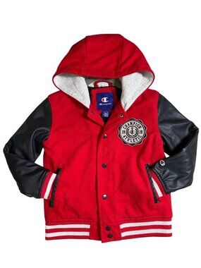 Champion Kids Hooded Red Black Varsity Jacket Size 6 Faux Leather Sleeves